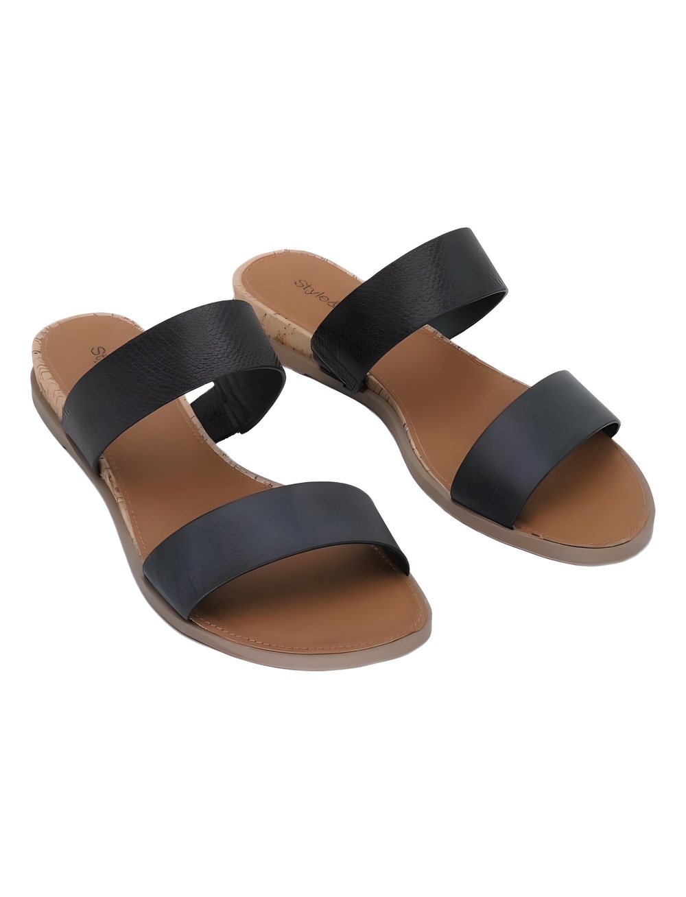Style & Co Elliee Snakeskin Texture Two Strap Slide Flat Sandals Black Size 6.5M